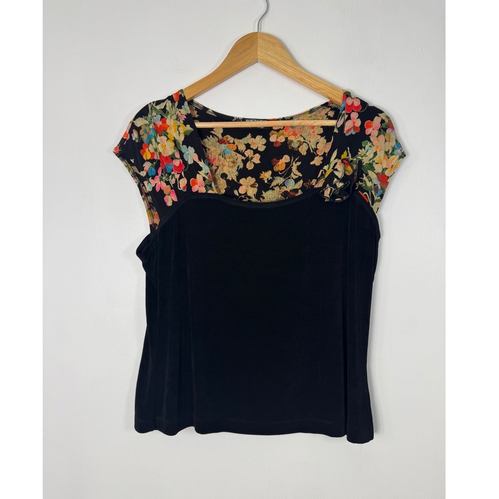 Cottagecore Softwear Petites Mark Singer Women XLG‎ Top Black Floral Cap Sleeve